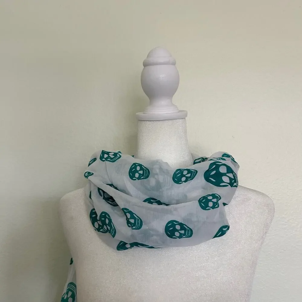 Ozsoy Aksesuar Skull Scarf Teal White Fringe Wrap Gothic Rocker Y2K Lightweight